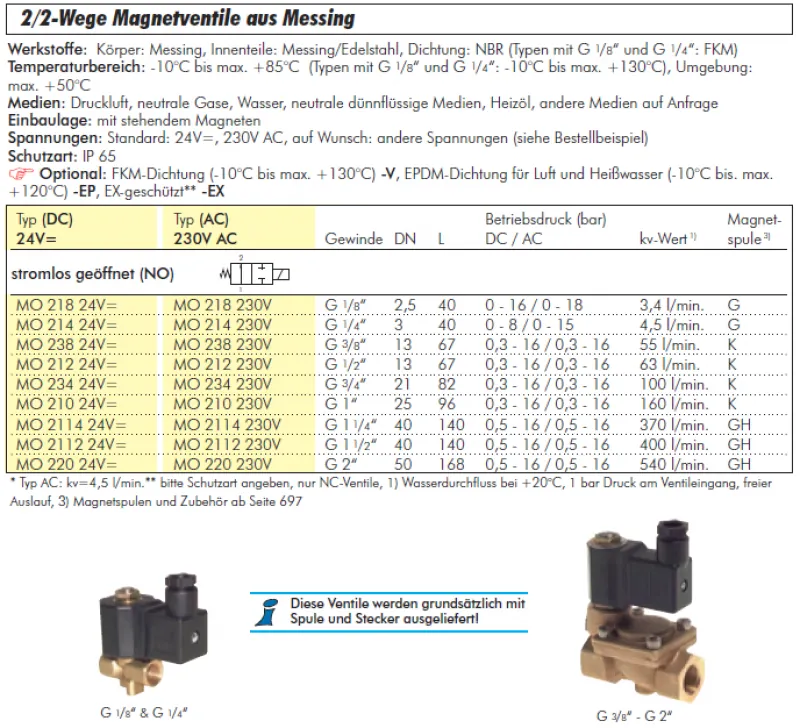 2/2-Wege Magnetventile Messing – stromlos geöffnet (NO), alle Größen